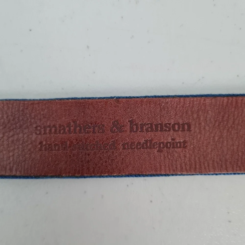 Smathers & Branson Belt Mens 38 Blue Needlepoint Fish Leather Brass Buckle USA